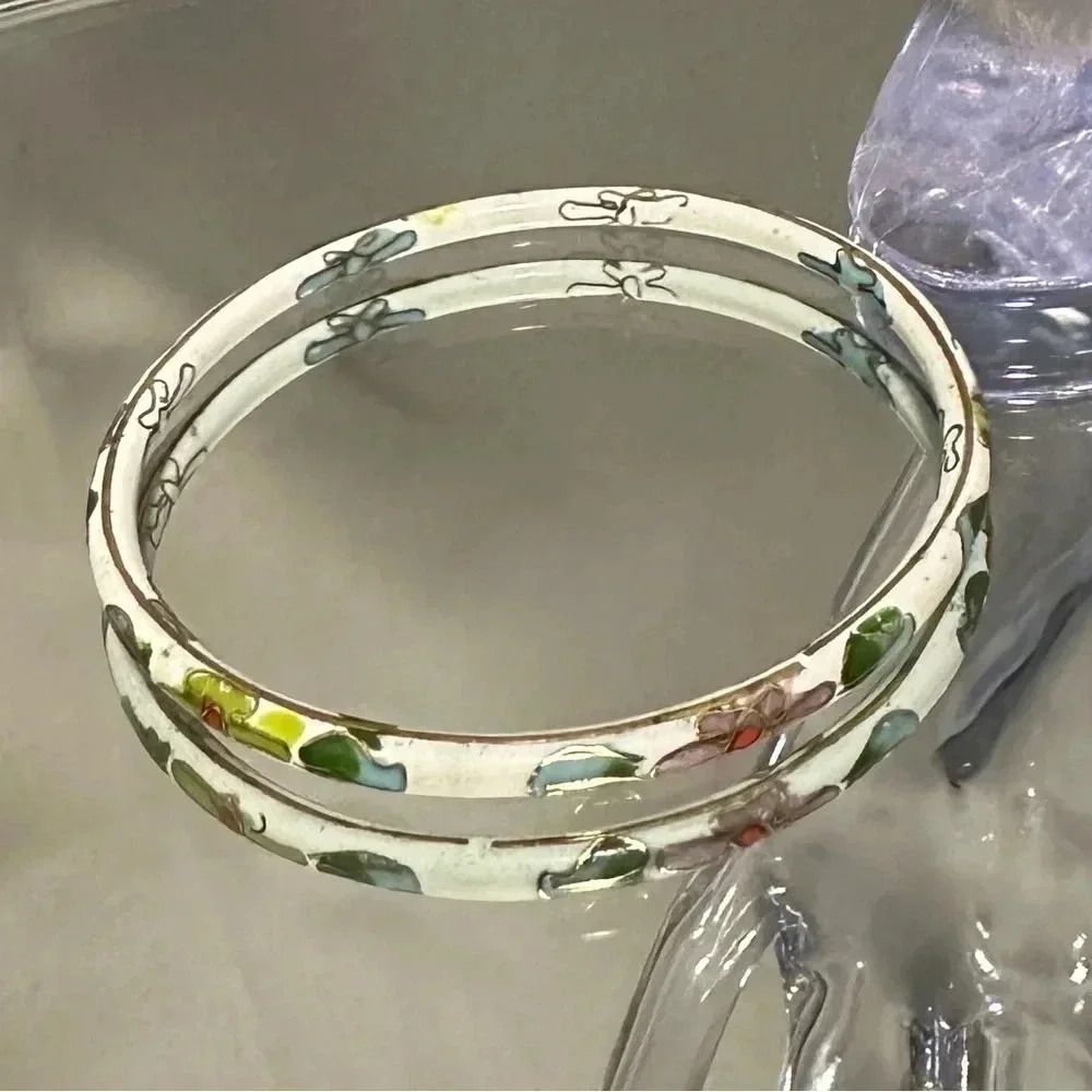2 for $30 💎Vintage Cloisonné  Hand Painted Floral Bangle Bracelet 8”